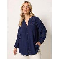 Yours Curve Crochet Sleeve Crinkle Notchneck Top - Blue