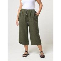 Yours Curve Linen Skinny Waist Crop Trouser - Green