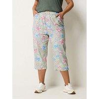 Yours Curve Cool Cotton Tropical Print Crop Trousers - Green