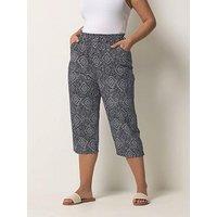 Yours Curve Cool Cotton Geo Print Crop Trousers - Blue