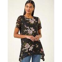 Roman Floral Print Lace Stretch Top - Black