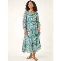 Roman Printed Metallic Tie Waist Maxi Dress