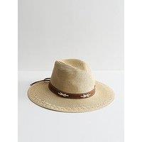 New Look Stone Suede Trim Straw Fedora Hat - Beige