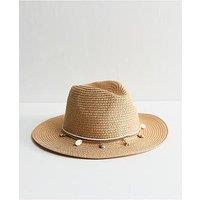 New Look Stone Beaded Shell Trim Straw Fedora Hat - Beige