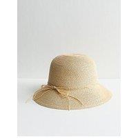 New Look Stone Straw Bow Bucket Hat - Beige