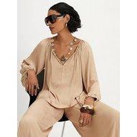 River Island Satin Airflow Notch Neck Top - Beige