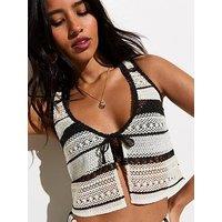 New Look Striped Tie Front Crochet Beach Waistcoat - Cream
