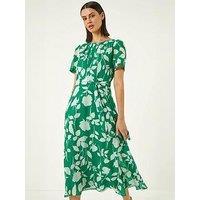 Roman Flower Print Pleat Neck Midi Dress