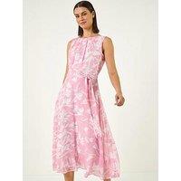 Roman Floral Chiffon Pleat Neck Dress