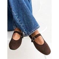 New Look Textured Faux Suede Buckled Mary Jane Flats - Brown