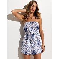 New Look Blue Tile Pattern Crepe Beach Playsuit - White