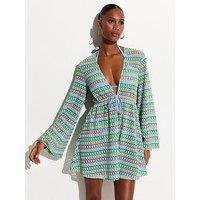 New Look Crochet Flared Sleeve Kaftan Beach Dress - Blue