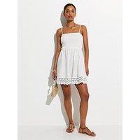 New Look Lace Trim Shirred Mini Dress - White