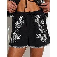 New Look Cotton Palm Embroidered Beach Shorts - Black