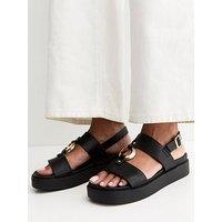 New Look Black Faux Leather Hardware Detail Flatform Sandals