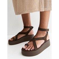 New Look Faux Suede Strappy Flatform Sandals - Brown