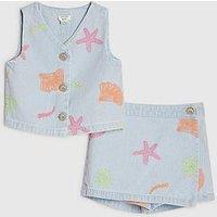 River Island Mini Girls Denim Starfish Waistcoat Set - Blue