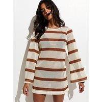 New Look Scoop Back Crochet Kaftan - Brown