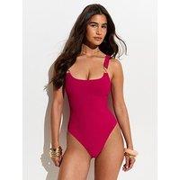 New Look Tummy Control Double Ring Trim Swimsuit - Dark Pink