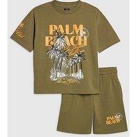 River Island Older Boys Palm Beach Back Print T-Shirt Set - Khaki