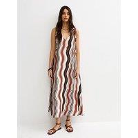 New Look Wavy Print Ruched Shoulder Smock Midi Dress - Brown