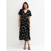 New Look Floral Flutter Sleeve Midi Dress - Black