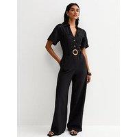 New Look Linen Short Sleeve Belted Jumpsuit - Black