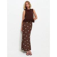 New Look Linen Blend Polka Dot Bias Cut Midi Skirt - Brown