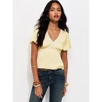 New Look Lace Trim Flutter Sleeve Satin Tea Top - Light Yellow