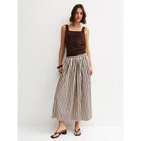 New Look Brown Cotton Poplin Striped Midi Skirt