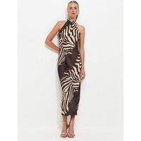 New Look Satin Zebra Print Halterneck Midi Dress - Brown