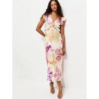 New Look Satin Orchid Print Flutter Sleeve Midi Dress - Cream