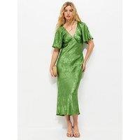 New Look Palm Leaf Jacquard Flutter Sleeve Midi Dress - Light Green