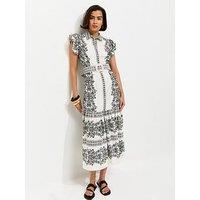 New Look Cream Floral Border Print Buckle Detail Shirt Dress
