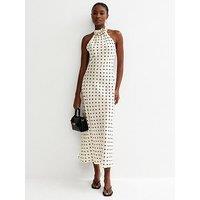 New Look Satin Polka Dot Floral Appliqued Halter Neck Midi Dress - Cream