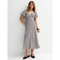 New Look Contrast Stripe Puff Sleeve Midi Dress - Blue/Brown