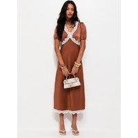 New Look Lace Trim Satin Tea Midi Dress - Brown