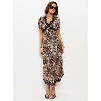 New Look Satin Leopard Print Tea Midi Dress - Brown