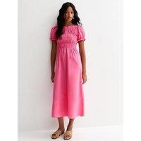 New Look Shirred Poplin Midi Dress - Bright Pink