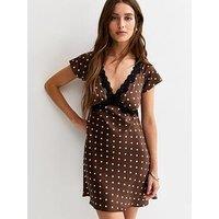 New Look Satin Polka Dot Scalloped Trim Mini Dress - Dark Brown
