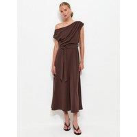 New Look Fallen Shoulder Tie Waist Midi Dress - Dark Brown