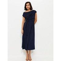 New Look Navy Fallen Shoulder Tie Waist Midi Dress - Blue