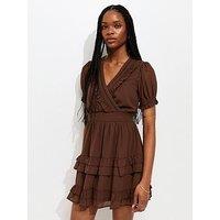 New Look Ruffle Trim V-Neck Short Sleeve Mini Dress - Brown