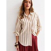 New Look Cream Striped Cotton Long Sleeve Shirt - Brown