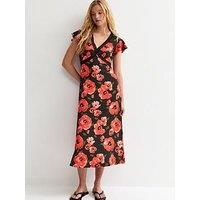 New Look Floral Print Flutter Sleeve Midi Dress - Red
