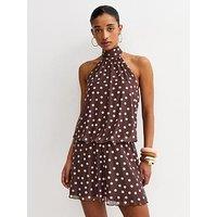 New Look Polka Dot Scarf Trim Halter Neck Mini Dress - Brown
