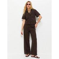 New Look Dark Brown Cotton Twill Drawstring Wide Leg Trousers