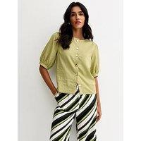 New Look Linen Blend Gold Tone Textured Button Blouse - Green