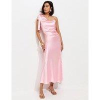 New Look Light Pink Satin Draped Shoulder Bow Midi Dress