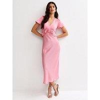 New Look Light Pink Satin Ruffle Trimmed V-Neck Midi Dress
